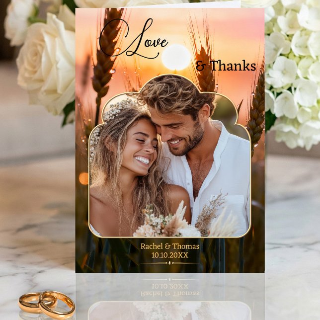 Carte De Remerciements Sunset Nature Wedding Photo  (Wedding Thank You note card featuring your photo framed by a colorful sunset over a country scene)