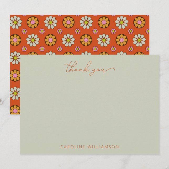 Carte De Remerciements Super Retro 60s Fleurs orange rose personnalisé (Devant / Derrière)