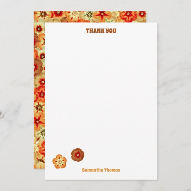 Carte De Remerciements Super Retro Orange Hippie Fleurs Motif (Devant / Derrière)