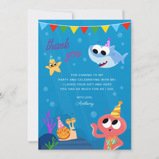 Carte De Remerciements Super simple | Finny Shark Ocean Anniversaire (Devant)