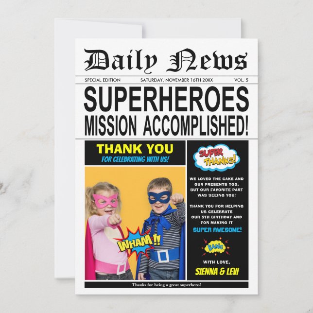 Carte De Remerciements Superhero Joint Twins Birthday Boy Girl Photo (Devant)