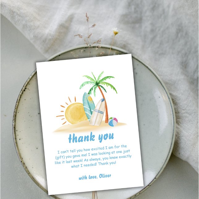 Carte De Remerciements Surbord Sunshine Beach Palm Tree Baby shower (Surfboard Sunshine Beach Palm Tree Baby Shower Thank You Card)