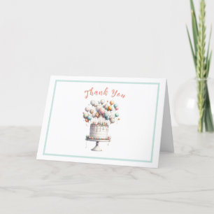 Carte De Remerciements Surréaliste, ballons mignons et gâteau d'anniversa