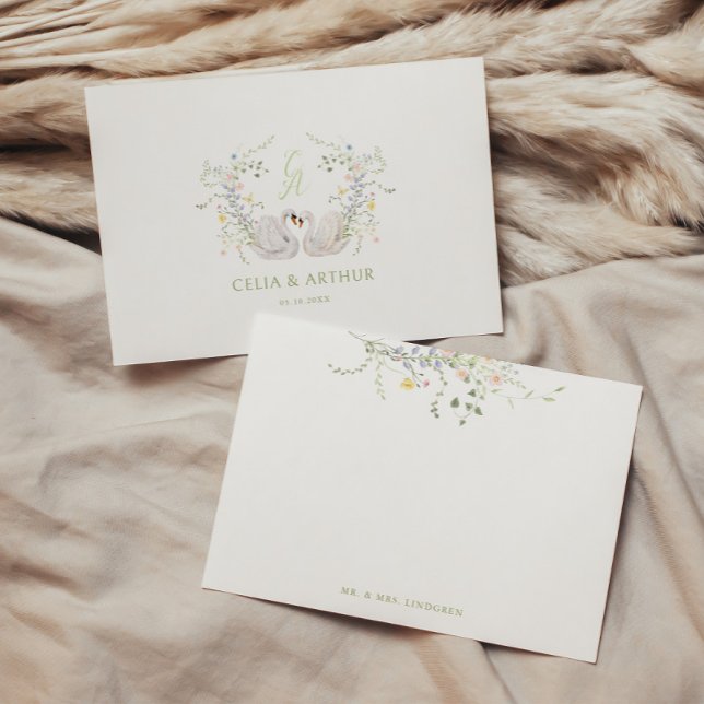 Carte De Remerciements Swans Floral Monogram Crest Wedding (Créateur téléchargé)