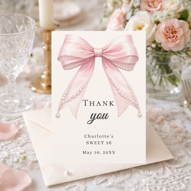 Carte De Remerciements Sweet 16 arc rose perles d'ivoire (Créateur téléchargé)