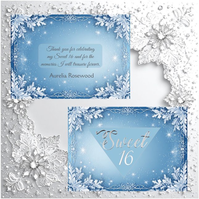 Carte De Remerciements Sweet 16 Icy Blue Silver Winter Frost Snowflakes (Sweet 16 Icy Blue Silver Winter Frost Snowflakes Thank You Card)