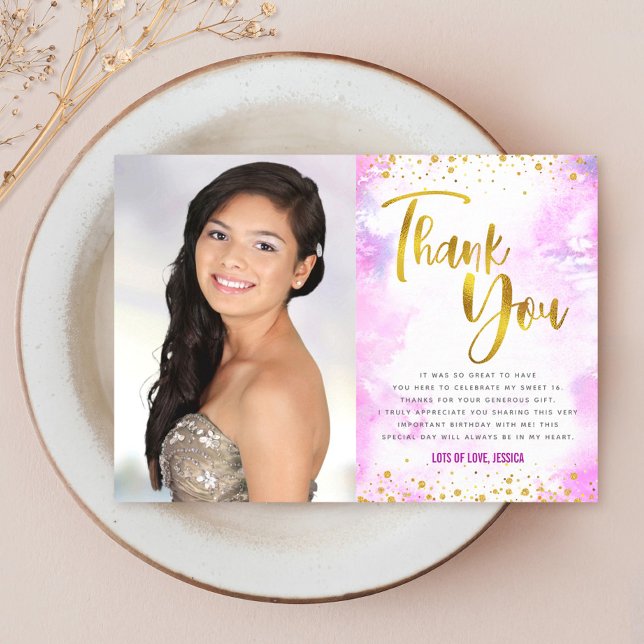 Carte De Remerciements Sweet 16 Or rose Aquarelle Photo Fille moderne (Créateur téléchargé)