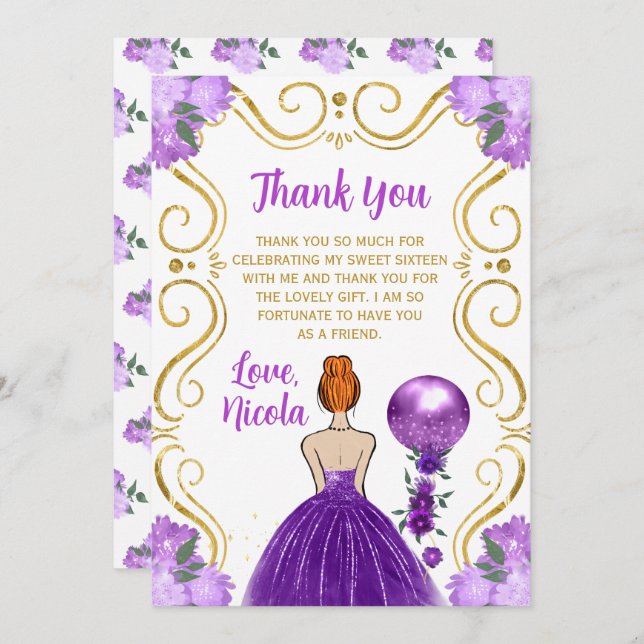 Carte De Remerciements Sweet 16 Red Hair Princess Purple Happy Birthday (Devant / Derrière)