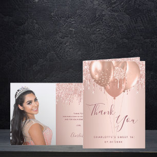 Carte De Remerciements Sweet 16 rose gold blush glitter drips photo
