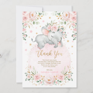 Carte De Remerciements Sweet Elephant Blush rose Lune étoiles Baby shower