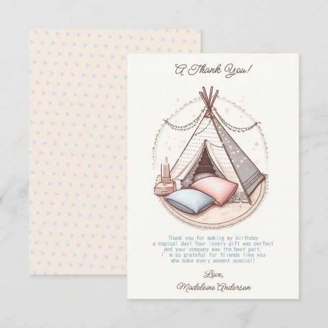 Carte De Remerciements Sweet Girly Teepee Sleepover Party Anniversaire (Devant / Derrière)