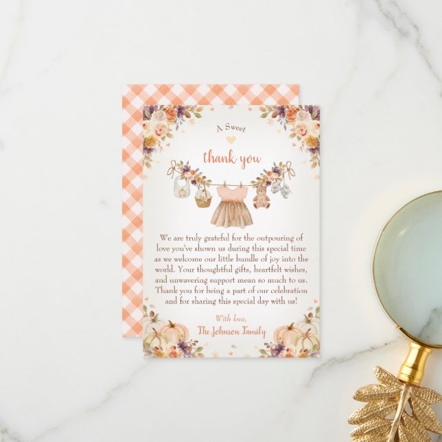 Carte De Remerciements Sweet Little Pumpkin Autumn Baby Shower (Devant/Arrière en situation)
