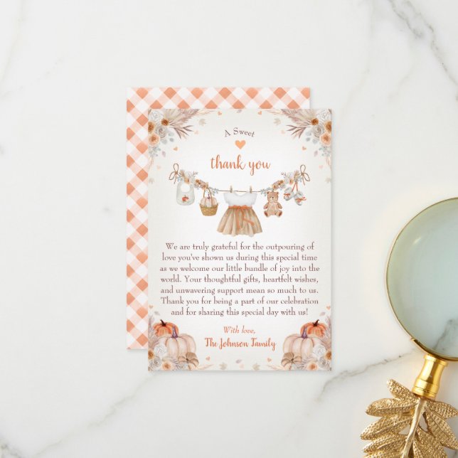 Carte De Remerciements Sweet Little Pumpkin Autumn Baby Shower  (Devant/Arrière en situation)