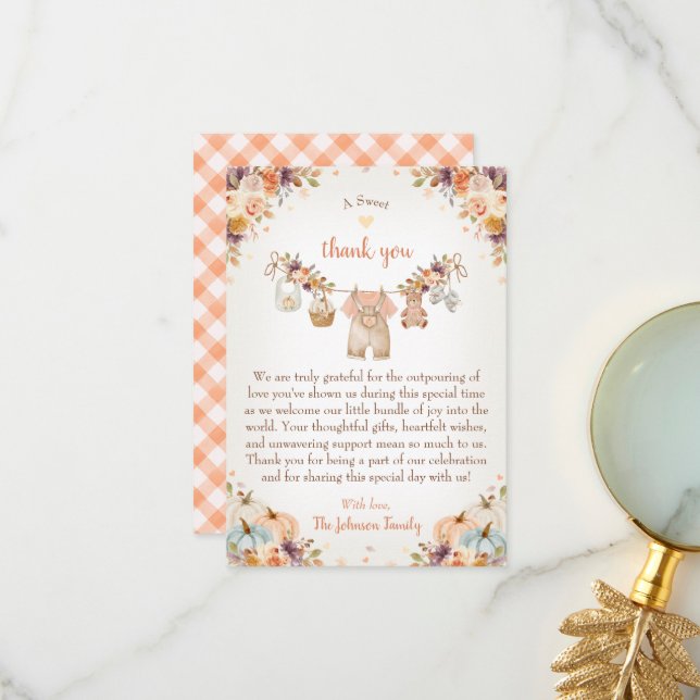 Carte De Remerciements Sweet Little Pumpkin Autumn Baby Shower (Devant/Arrière en situation)