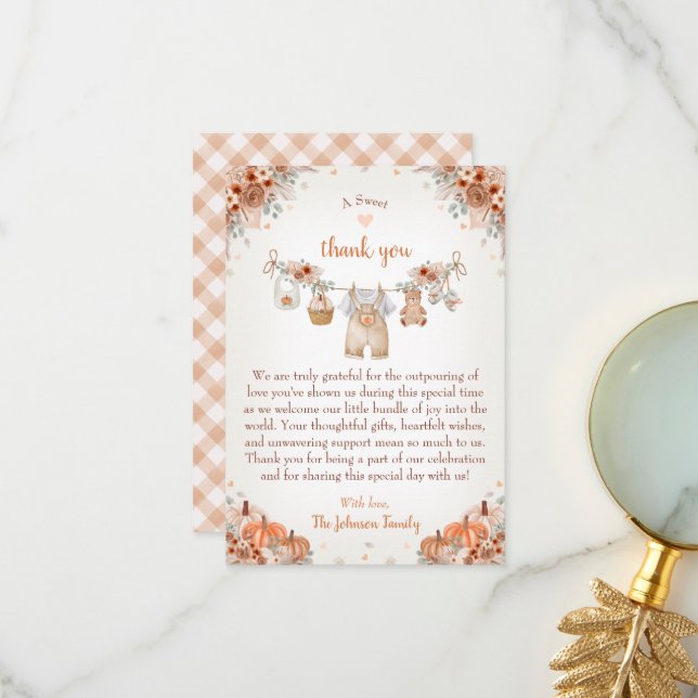 Carte De Remerciements Sweet Little Pumpkin Autumn Baby Shower  (Devant/Arrière en situation)