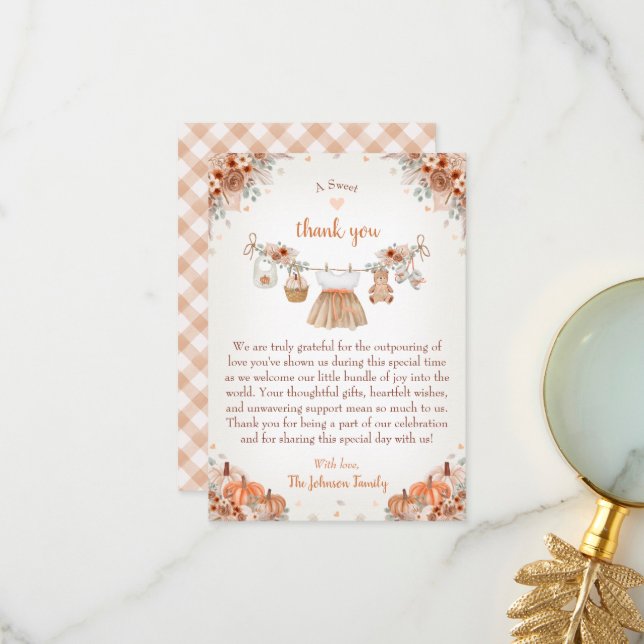 Carte De Remerciements Sweet Little Pumpkin Autumn Baby Shower  (Devant/Arrière en situation)