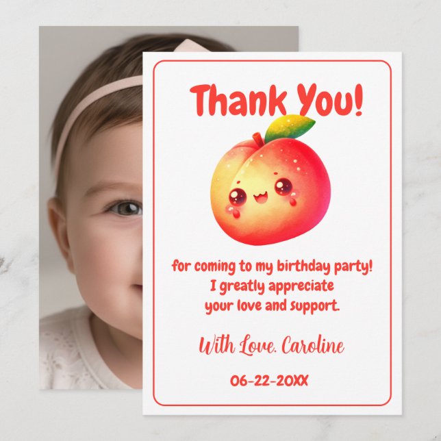 Carte De Remerciements Sweet One Peach Birthday Thank You (Devant / Derrière)