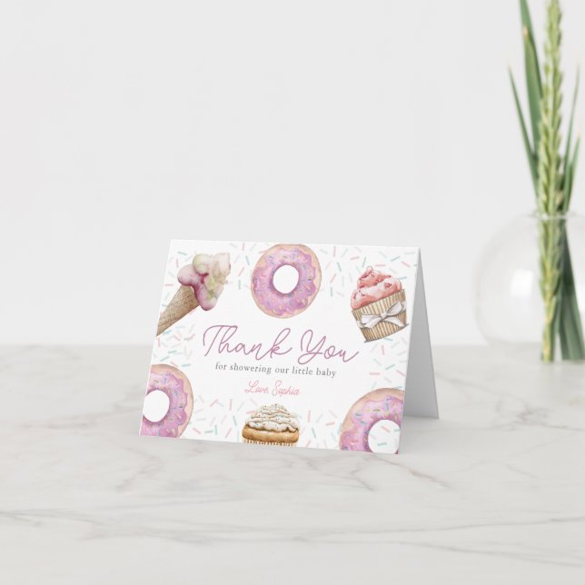 Carte De Remerciements Sweet Pink Cupcake & Donut Baby Shower (Devant)