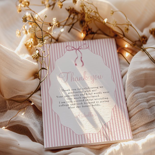 Carte De Remerciements Sweet Pinstriped Pink Bow Graduation (Créateur téléchargé)