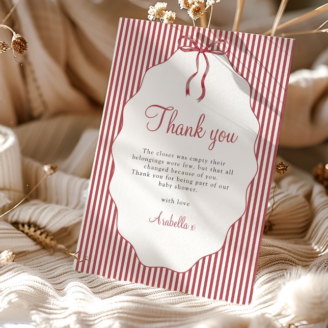 Carte De Remerciements Sweet Pinstriped Red Bow Baby Shower Thank You (Créateur téléchargé)