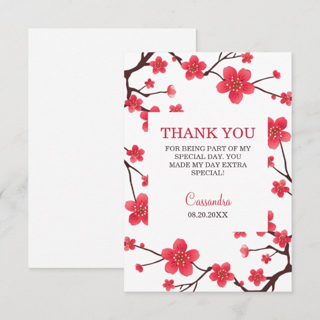 Carte De Remerciements Sweet Red Cherry Blossom Sakura Floral Birthday (Devant / Derrière)