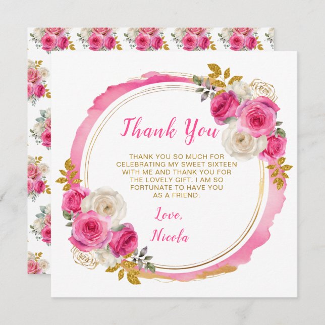 Carte De Remerciements Sweet sixteen à fleurs élégantes roses et or chaud (Devant / Derrière)