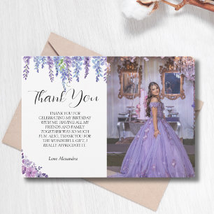 Carte De Remerciements Sweet sixteen aux fleurs violettes avec photo