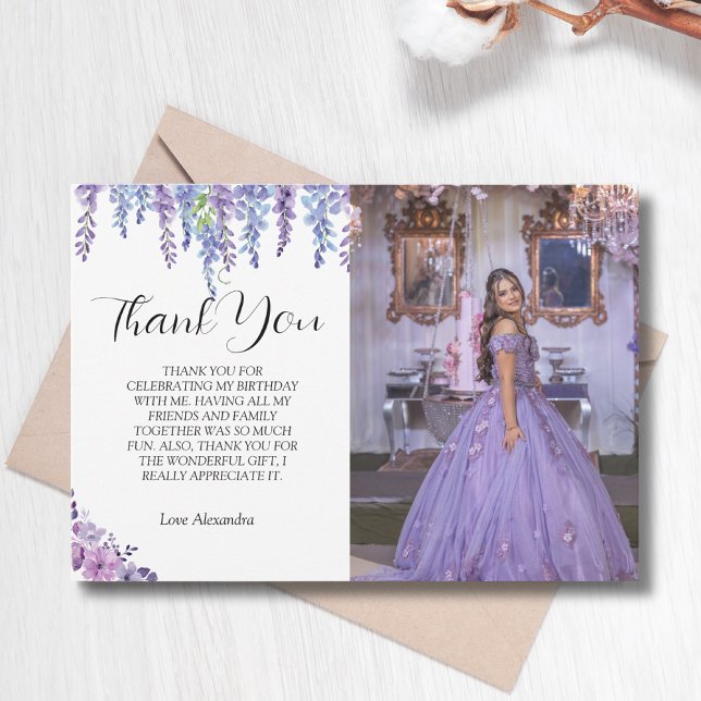Carte De Remerciements Sweet sixteen aux fleurs violettes avec photo (Créateur téléchargé)