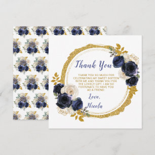 Carte De Remerciements Sweet sixteen de fleurs élégantes bleu marine et o