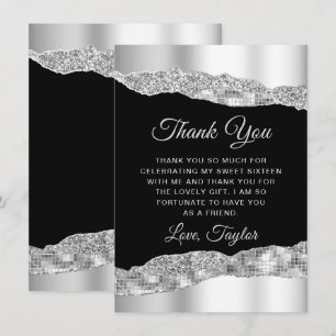 Carte De Remerciements Sweet sixteen des larmes d'argent et de verre noir