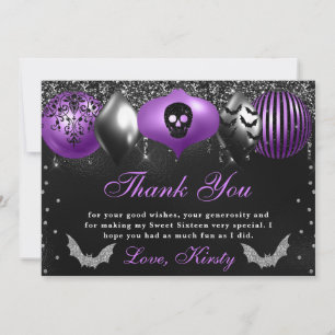 Carte De Remerciements Sweet sixteen d'ornements d'Halloween noir et viol
