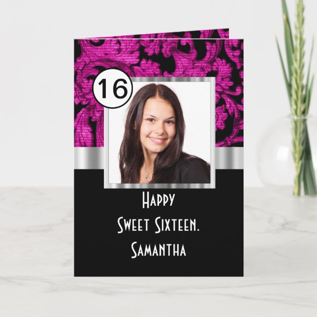 Carte De Remerciements Sweet sixteen magenta et noir damassé (Devant)