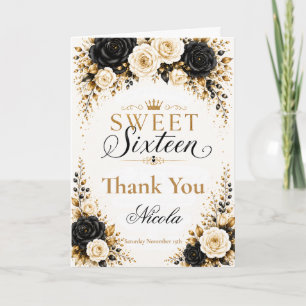 Carte De Remerciements Sweet Sixteen noir et or