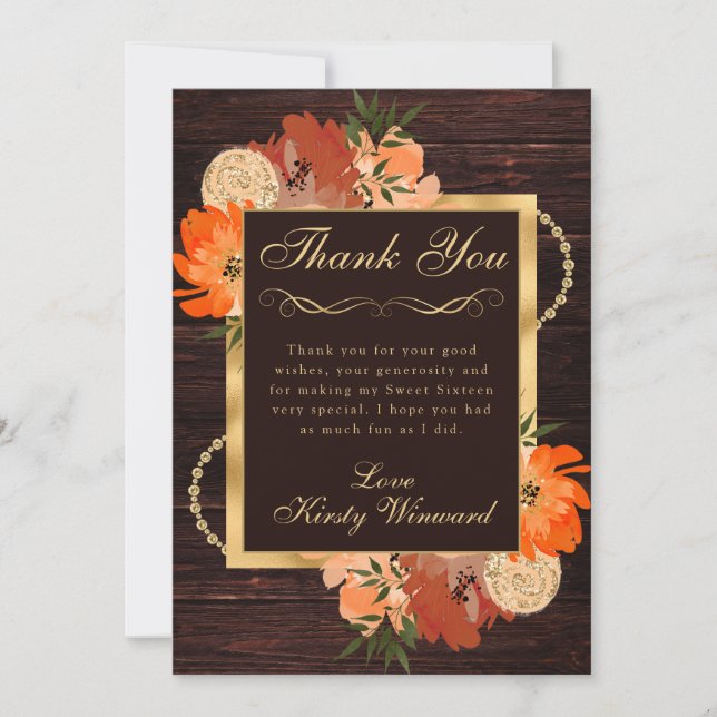 Carte De Remerciements Sweet sixteen Rustique Burnt Orange Fall Flowers (Devant)