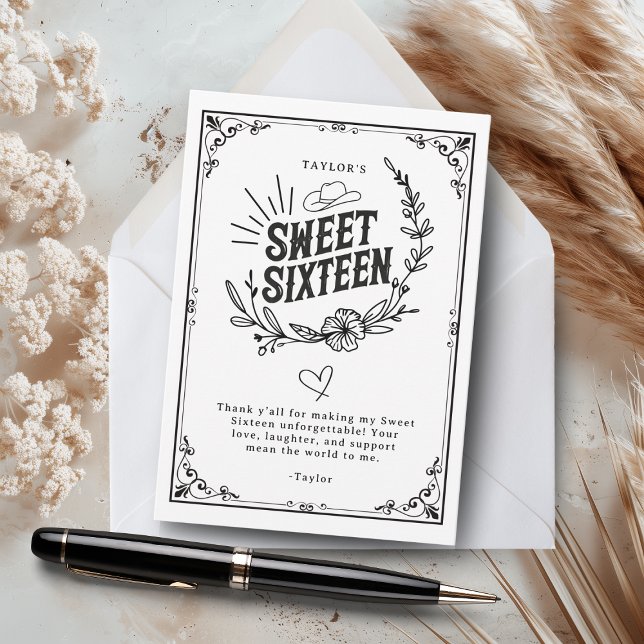 Carte De Remerciements Sweet sixteen rustique noir et blanc (Rustic Sweet Sixteen thank-you card with a western floral design in black and white.)
