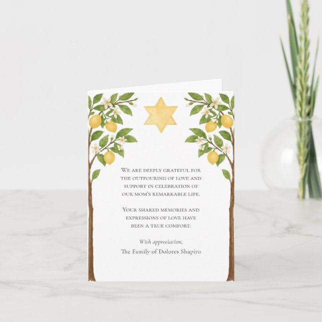 Carte De Remerciements Sympathie juive étoile citron arbre aquarelle Shiv (Devant)