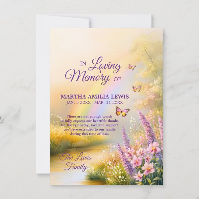 Carte De Remerciements Sympathie Mémoire Arc-en-ciel Fleurs papillons (Devant)