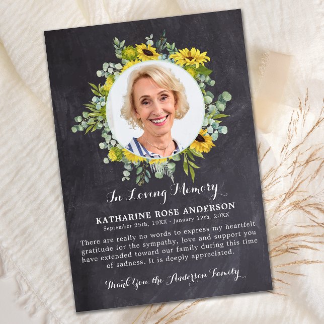Carte De Remerciements Sympathie photo de l'ardoise de tournesol funérair (Créateur téléchargé)