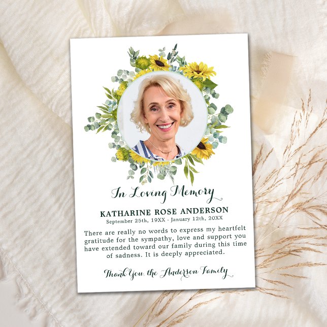 Carte De Remerciements Sympathie photo de tournesol funéraire Eucalyptus (Créateur téléchargé)
