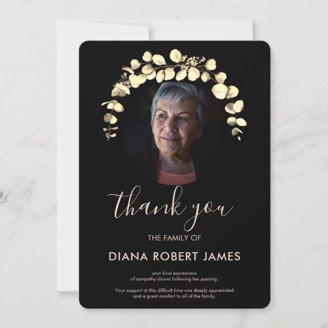 Carte De Remerciements Sympathie photo Elégante Black Gold Eucalyptus (Devant)