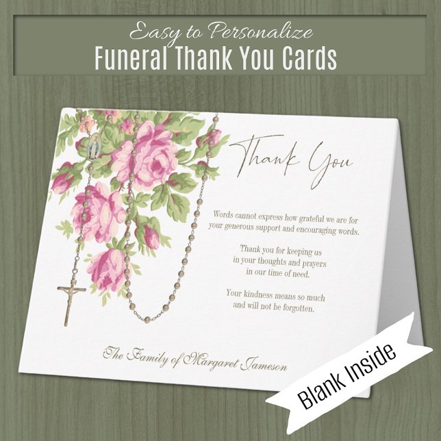 Carte De Remerciements Sympathie pour le Mémorial funéraire du Rosaire de (Catholic Funeral Memorial Thank You Card)