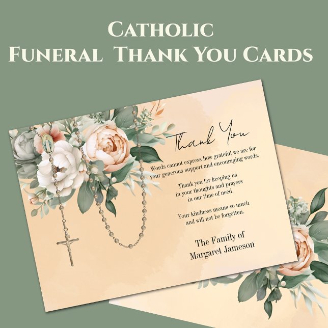 Carte De Remerciements Sympathie pour le Rosaire catholique aux funéraill (Traditional Catholic Funeral Thank You Memorial Cards  - Easy to personalize)