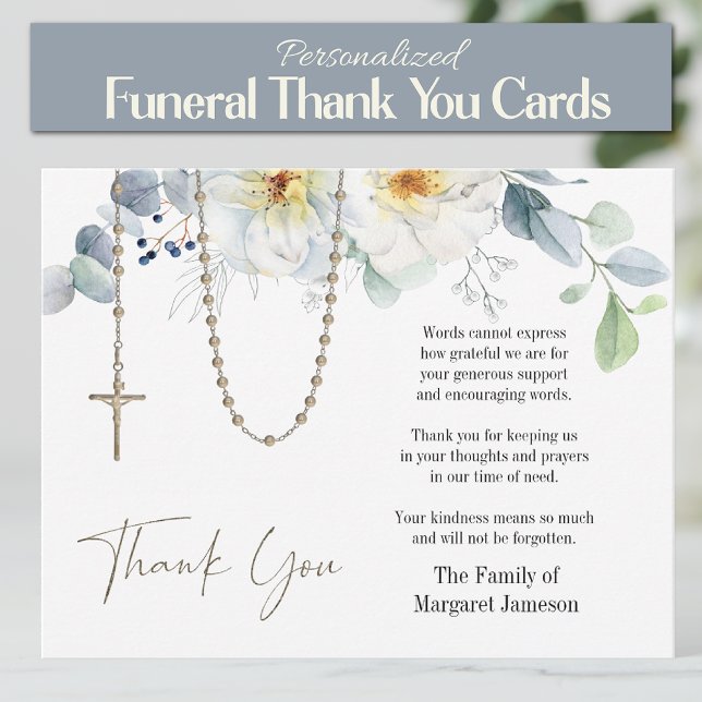 Carte De Remerciements Sympathie pour les funérailles du Rosaire Floral (Traditional Catholic Holy Rosary Floral Funeral Thank you Condolence Cards)