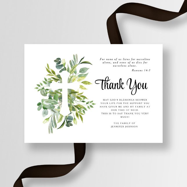 Carte De Remerciements Sympathie Verdure Croix Funérailles (Sympathy Greenery Cross Funeral Thank You Card)