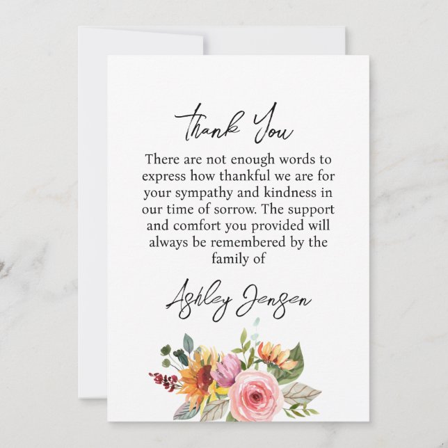 Carte De Remerciements Sympathy Floral Funeral Thank You Card (Dos)