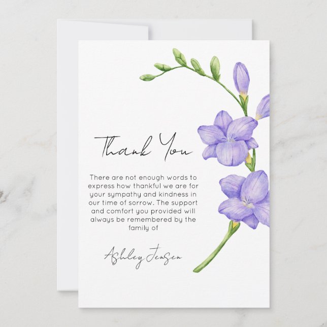 Carte De Remerciements Sympathy Freesia Photo Funeral Thank You Card (Dos)