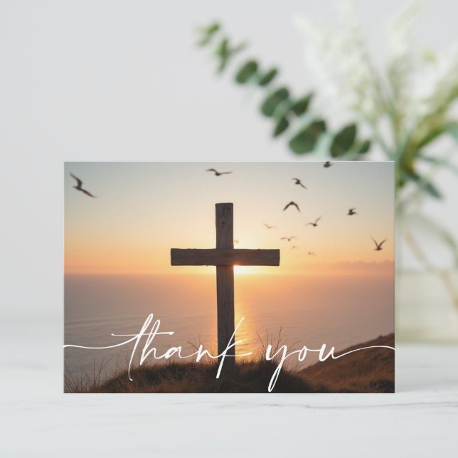 Carte De Remerciements Sympathy Funeral Memorial Cross Sunrise Ocean (Debout devant)