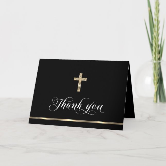 Carte De Remerciements Sympathy Memorial Croix religieuse Black Gold Merc (Devant)