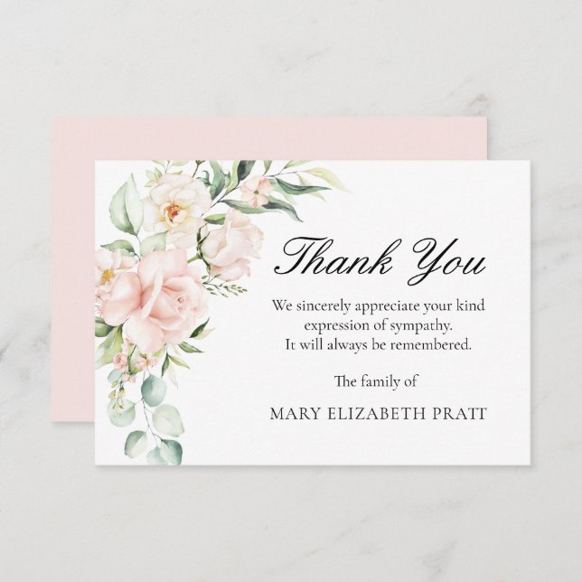 Carte De Remerciements Sympathy rose Floral funéraire (Devant / Derrière)