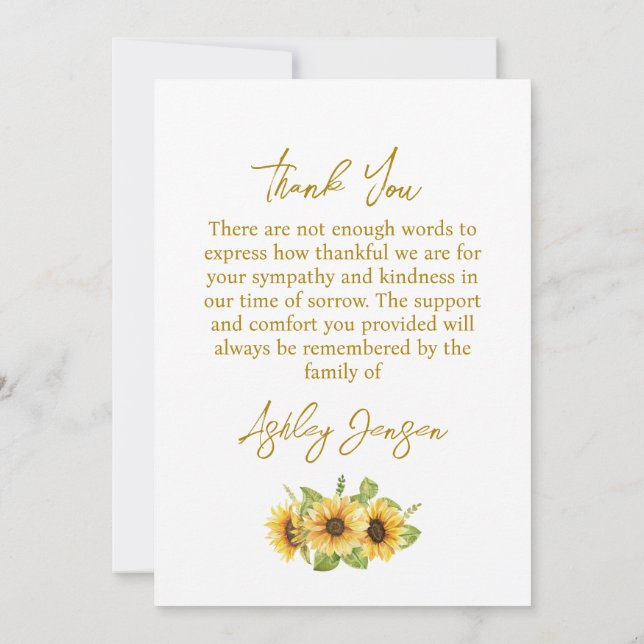 Carte De Remerciements Sympathy Sunflower Funeral Thank You Card (Dos)